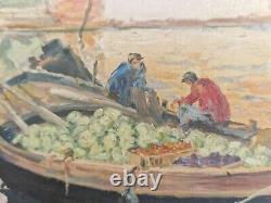 Oil on panel seascape Venice Watermelon boats antique painting signed