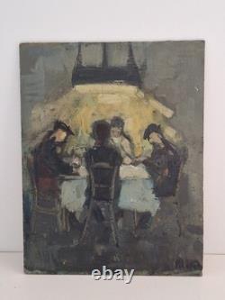 Oil on panel, the players, signed antique painting, HSP, genre scene painting