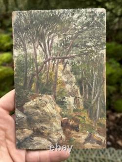 Oil on wood panel & old painting & forest & tree & ruins