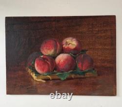 Oil on wood panel still life with peaches signed antique painting