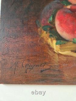 Oil on wood panel still life with peaches signed antique painting