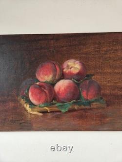 Oil on wood panel still life with peaches signed antique painting