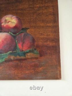 Oil on wood panel still life with peaches signed antique painting