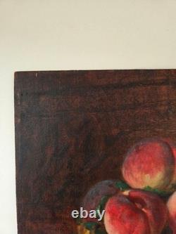 Oil on wood panel still life with peaches signed antique painting