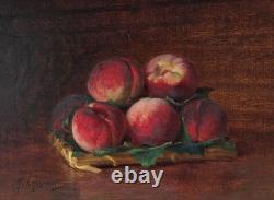 Oil on wood panel still life with peaches signed antique painting