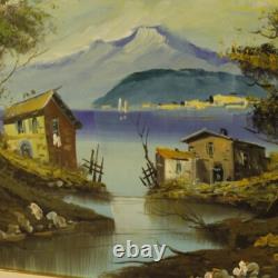 Oil painting on canvas landscape signed lake framed in antique style 900