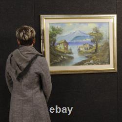 Oil painting on canvas landscape signed lake framed in antique style 900