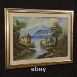 Oil painting on canvas landscape signed lake framed in antique style 900