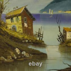 Oil painting on canvas landscape signed lake framed in antique style 900