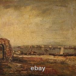 Oil painting on canvas marine landscape frame 20th century antique style