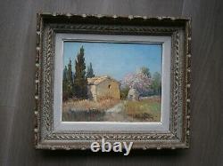 Oil painting on cardboard by H. Brun-Marin, Provence Vallauris decor, Ancient Landscape.