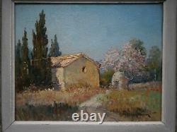 Oil painting on cardboard by H. Brun-Marin, Provence Vallauris decor, Ancient Landscape.