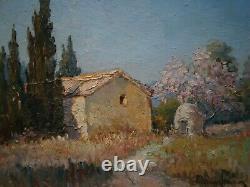 Oil painting on cardboard by H. Brun-Marin, Provence Vallauris decor, Ancient Landscape.