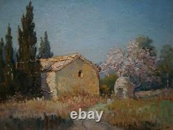 Oil painting on cardboard by H. Brun-Marin, Provence Vallauris decor, Ancient Landscape.