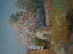 Oil painting on cardboard by H. Brun-Marin, Provence Vallauris decor, Ancient Landscape.