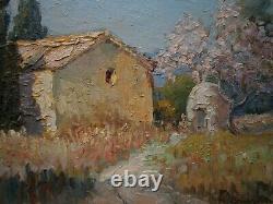 Oil painting on cardboard by H. Brun-Marin, Provence Vallauris decor, Ancient Landscape.