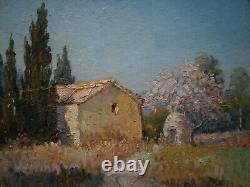 Oil painting on cardboard by H. Brun-Marin, Provence Vallauris decor, Ancient Landscape.