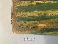 Oil painting on cardboard panel, 1930, impressionist landscape, old pointillism