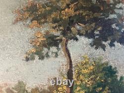 Oil painting on cardboard panel, 1930, impressionist landscape, old pointillism