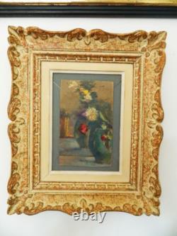 Oil painting on old cardboard, Still Life with 2 vases, signed