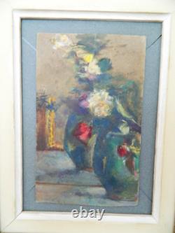 Oil painting on old cardboard, Still Life with 2 vases, signed
