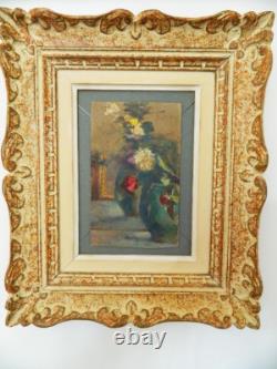 Oil painting on old cardboard, Still Life with 2 vases, signed