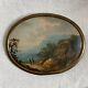 Old 19th Century Oval Miniature Oil Painting On Cardboard Landscape Mountain Tableau