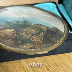 Old 19th Century Oval Miniature Oil Painting on Cardboard Landscape Mountain Tableau