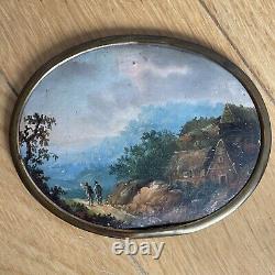 Old 19th Century Oval Miniature Oil Painting on Cardboard Landscape Mountain Tableau