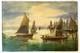 Old 19th Century Painting Marine Sea Boat Brittany Animated Breton Port Scene