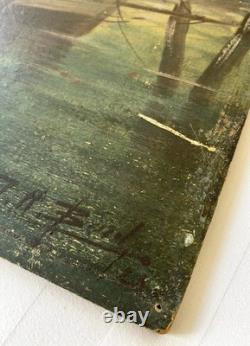 Old 19th Century Painting Marine Sea Boat Brittany Animated Breton Port Scene