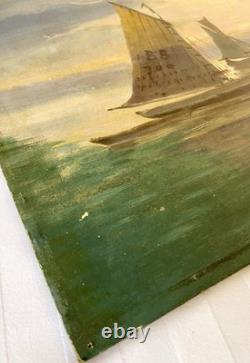 Old 19th Century Painting Marine Sea Boat Brittany Animated Breton Port Scene