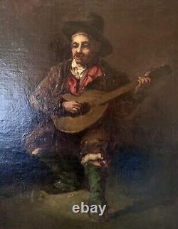 Old 19th Century Painting: The Spanish Guitarist Musician Oil on Canvas