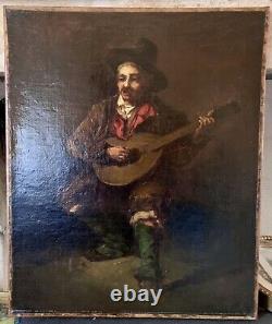 Old 19th Century Painting: The Spanish Guitarist Musician Oil on Canvas