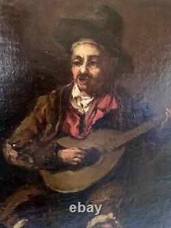 Old 19th Century Painting: The Spanish Guitarist Musician Oil on Canvas