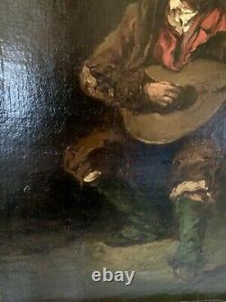 Old 19th Century Painting: The Spanish Guitarist Musician Oil on Canvas