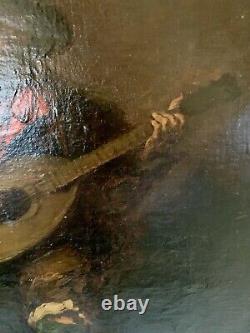 Old 19th Century Painting: The Spanish Guitarist Musician Oil on Canvas