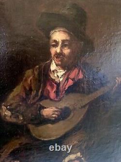 Old 19th Century Painting: The Spanish Guitarist Musician Oil on Canvas