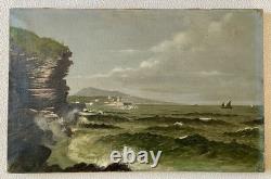 Old 19th Century Seascape Painting of Brittany with Animated Coastal Scene and Boat in Port