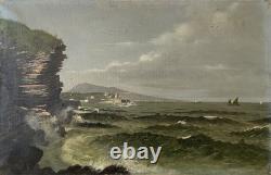 Old 19th Century Seascape Painting of Brittany with Animated Coastal Scene and Boat in Port