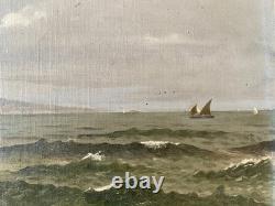 Old 19th Century Seascape Painting of Brittany with Animated Coastal Scene and Boat in Port