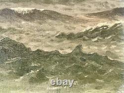Old 19th Century Seascape Painting of Brittany with Animated Coastal Scene and Boat in Port