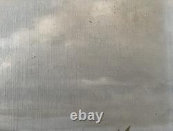 Old 19th Century Seascape Painting of Brittany with Animated Coastal Scene and Boat in Port