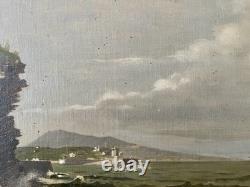 Old 19th Century Seascape Painting of Brittany with Animated Coastal Scene and Boat in Port