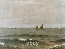 Old 19th Century Seascape Painting of Brittany with Animated Coastal Scene and Boat in Port