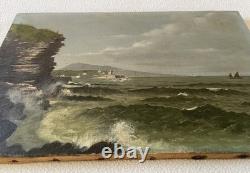 Old 19th Century Seascape Painting of Brittany with Animated Coastal Scene and Boat in Port