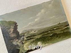 Old 19th Century Seascape Painting of Brittany with Animated Coastal Scene and Boat in Port Old 19th Century Seascape Painting of Brittany with Animated Coastal Scene and Boat in Port