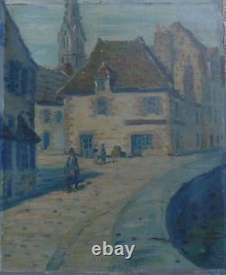 Old Animated Village Scene Oil Painting on Panel Signed Sivel