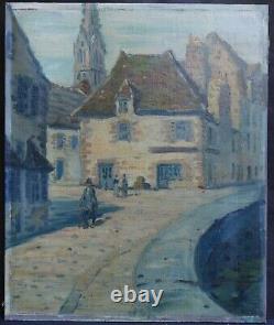 Old Animated Village Scene Oil Painting on Panel Signed Sivel