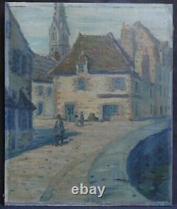 Old Animated Village Scene Oil Painting on Panel Signed Sivel